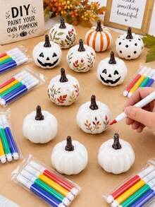 24/48pcs Handmade Pumpkin Craft Set, Includes 1 White Painting Pumpkin + Paintbrush. Can Create Colorful Pumpkins, Ghost Faces, Little Ghosts And Other Designs, Suitable For Autumn And Halloween Decoration, Party Favors And Craft Projects - Multicolor - View 5