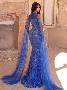 Faeriesty High-End Luxury Rhinestone Sequin Evening Gown With Extra Long Sleeves And Beaded Embellishments Party Wedding Vacation Fall - Royal Blue - View 3