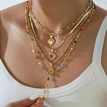 4pcs Fashion Elegant Gold Heart Colorful Rhinestone Y-Shaped Multi-Layer Necklace, Perfect Gift For Women's Vacation And Date - Yellow Gold - View 1