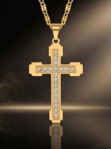 Rhinestone Cross Pendant Necklace For Women Men Gold Stainless Steel Chain Jesus Cross Jewelry, Bling Religious Fashion Necklace Gift - Gold - View 6