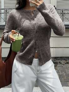 SCARLUX Fall Winter Women Y2K Knit Cardigan, Brown Button Sweater For Back To School, Street, Commute, Loungewear - Light Khaki - View 8