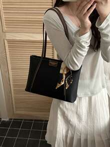 New Retro Fashion Large Capacity Colorblock Patchwork Tote Bag, Zipper Closure, Decorated With Scarf, Lightweight Minimalist, Casual Commute Shoulder Bag - Black - View 3