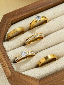 5pcs Elegant Stainless Steel Matte Finish 6-Prong White Zirconia Rings Set For Women, Suitable For Daily Wear, Dating, Confession, Engagement, Wedding, Party, Holiday Accessories - Gold - View 3