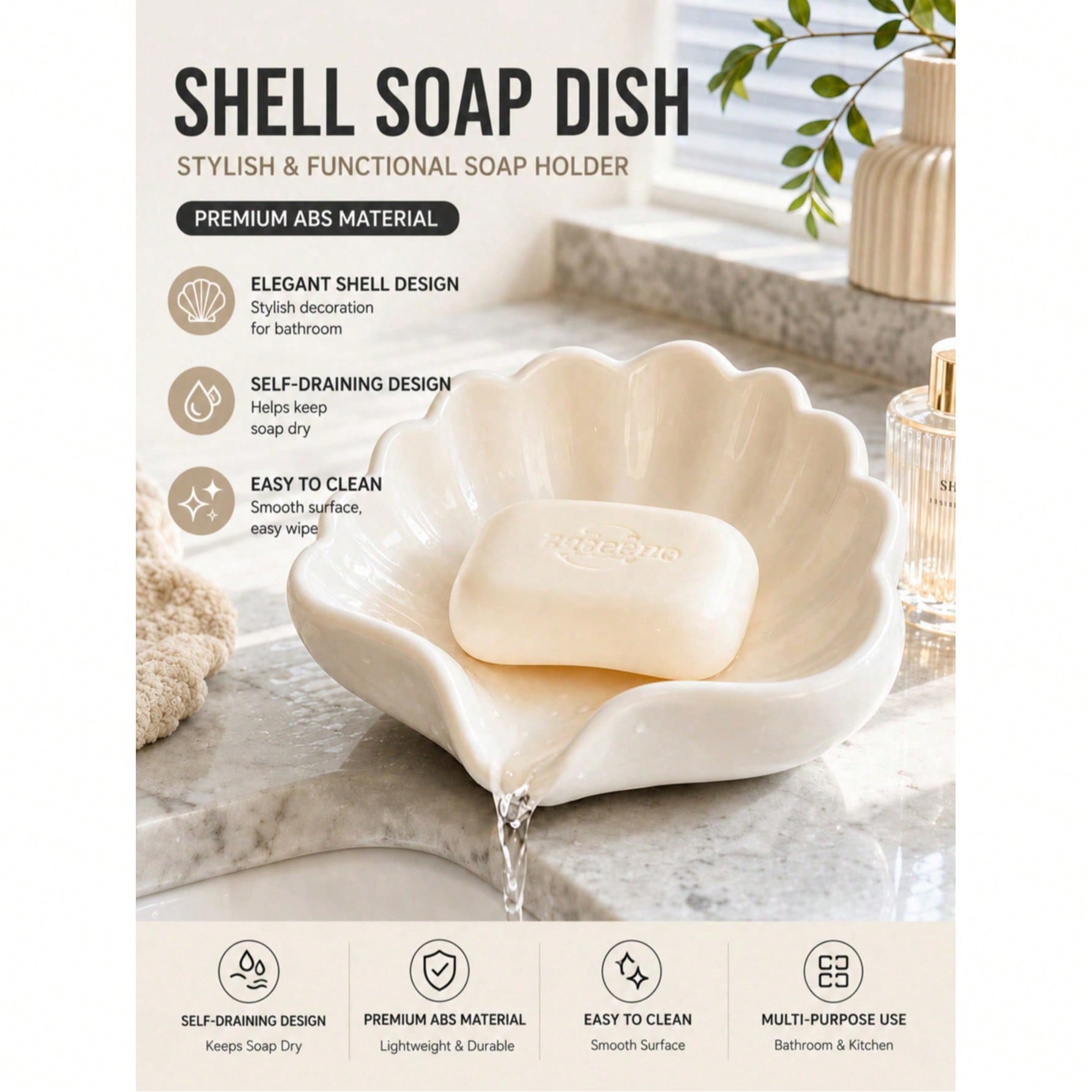 1/2 pezzi Portasapone a forma di conchiglia stile nordico, portassapone da bagno, vassoio multifunzionale per cosmetici e gioielli, decorazione da