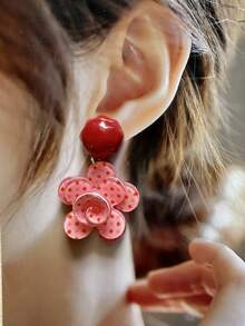 1 Pair Round Red Resin Multi-Layer Acrylic Polka Dot Flower Pendant Earrings, European And American Style, Personalized Fashion Sweet Elegant Stud Earrings For Women And Girls, Travel Wedding Party Accessories, Birthday Christmas Gift 2026 - Red - View 2