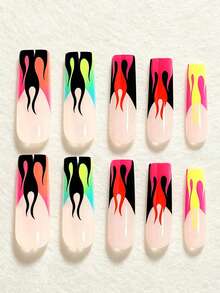Show Your Beauty 24pcs Long Water Pipe Nails Elegant Cool Dopamine Macaron Colorful Gradient Flame Stripe French Glossy Shiny Bright White Fake Nails Fashion Versatile Wearable Nails Suitable For Dating Party Spring Summer Women And Girls Autumn Winter Daily Wear Removable Press-On Nail Set With Jelly Glue And Nail File Easy To Wear And Durable Jelly Glue Randomly Shipped - Multicolor - View 2
