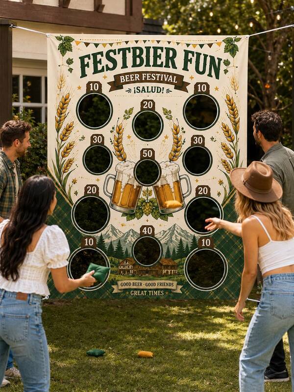 1pc Beer Theme Toss Game Backdrop, Vintage Beer Festival Style Polyester Hollow Party Backdrop With Number Scoring Holes, Beer Mug And Wheat Print, Suitable For Family Gatherings, Adult Group Games, Bar Parties, Autumn Festivals And Outdoor Lawn Celebrations