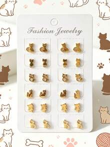 12pairs Cartoon Cat Stud Earrings - Black - View 15