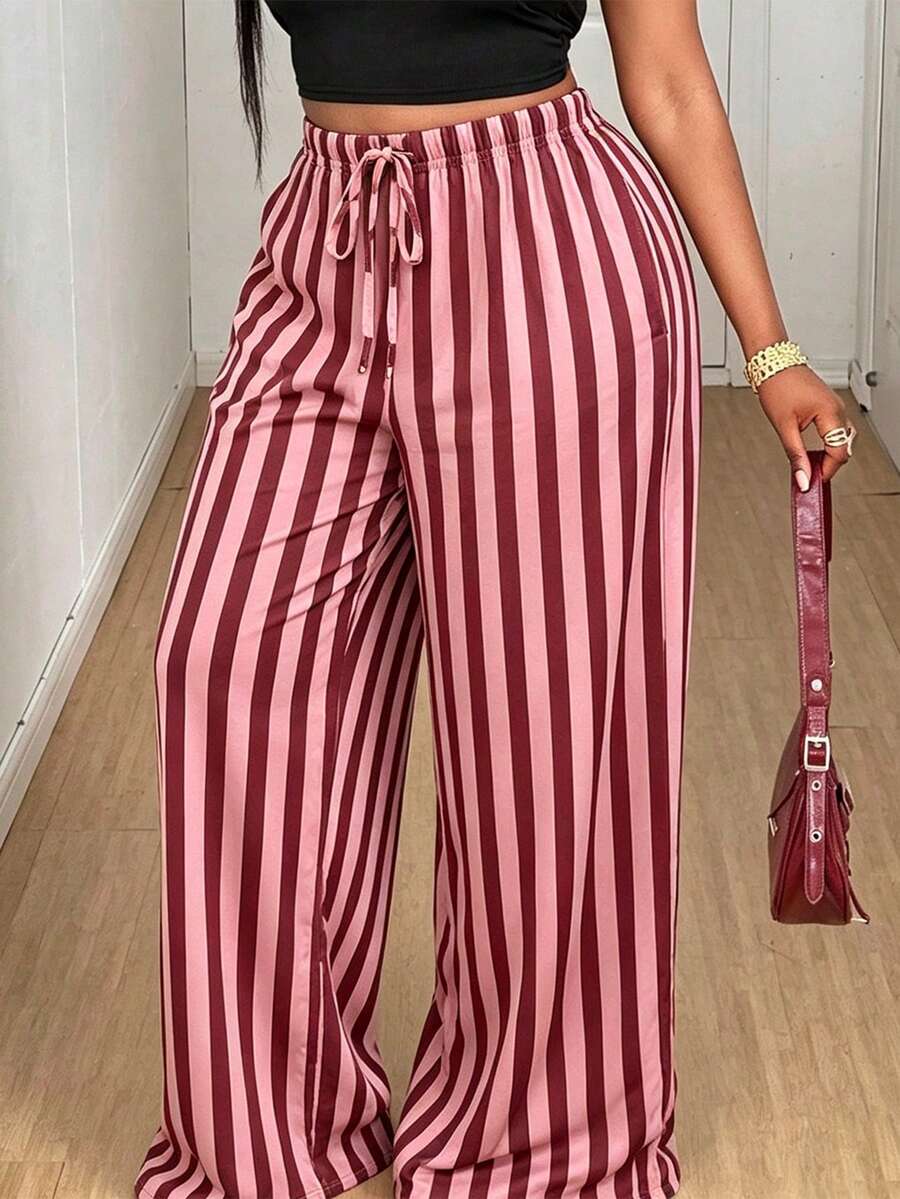 Lightweight Woven Striped Lounge Pants For Women, Plus Size Drawstring Elastic Waist Loose Draping Home Pajama Trousers - Red Violet - View 1