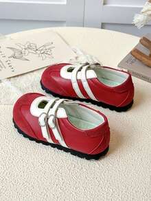 Kids Red White Contrast Double Buckle Non‑Slip Soft Sole Casual Flat Shoes - Red - View 5