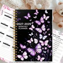 DANPERJI 1pc A5 Multi-Style 2027-2029 3-Year Monthly Spiral Bound Planner, Warm Yellow Background With Purple Lavender Butterfly Print Calendar Notebook, Suitable For Long-Term Monthly Planning And Goal Tracking - Multicolor - View 5