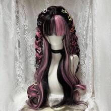 Women's Black Pink Highlight Double Ponytail Wig, Flat Bangs Long Wavy Artificial Fiber Full Hair Wig For Y2K Gothic Daily Cosplay Outfit - Only Wigs - View 1
