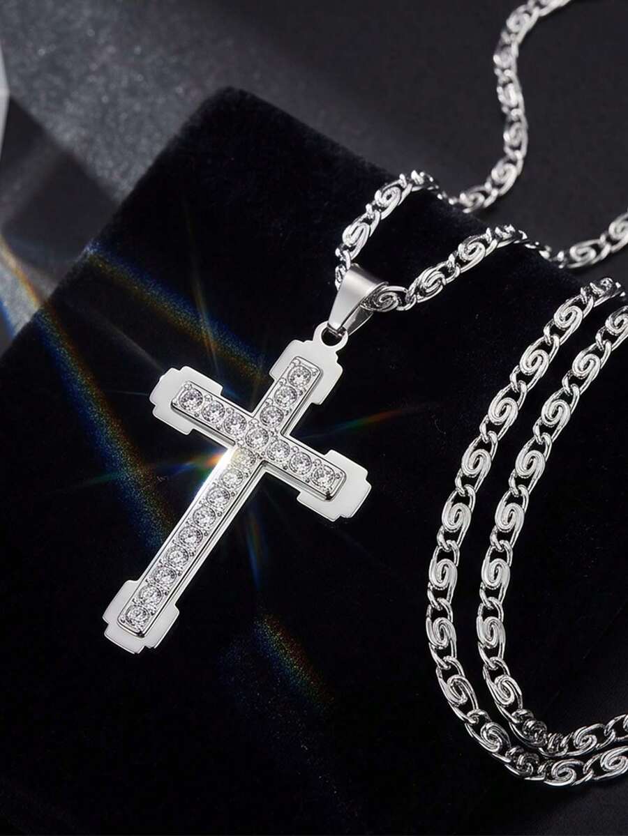 Rhinestone Cross Pendant Necklace For Women Men Gold Stainless Steel Chain Jesus Cross Jewelry, Bling Religious Fashion Necklace Gift