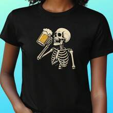Women's Cotton T-Shirt With Skeleton Drinking Beer Graphic, Sizes S To 3XL - Black - View 1