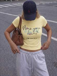 SHEIN X FRIENDS Summer Women's Short Sleeve T-Shirt With IP Print,Versatile Styling,Y2K&Retro Vibes. Casual - Yellow - View 3
