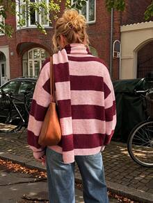 VIBEWAVE Pink Burgundy Color Block Striped V-Neck Cropped Knit Cardigan With Scarf, Women Retro Drop Shoulder Sweater Coat Fall Winter - Watermelon Pink - View 4
