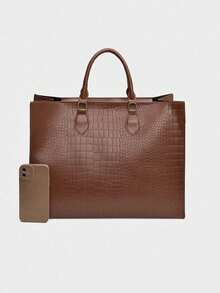 Embossed Large Capacity Tote Bag, PU Leather Top Handle Handbag, Structured Shoulder Bag For Business Commute Daily Office - Coffee Brown - View 8