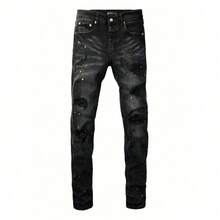 New Hot American Style Men Jeans High Street  Slim Fit Stretch Black Ripped Skinny Pants Fashionable - 黑色 - 查看 2