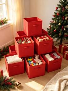 Kotak Penyimpanan Dekorasi Natal 6PCS/3PCS/2PCS/1PC, Kotak Penyimpanan Bola Dekoratif, Organizer Penyimpanan Kapasitas Besar, Kotak Penyimpanan Rumah, Dapat Digunakan Sebagai Hadiah Santa Claus, Keranjang Penyimpanan Kain Lipat dengan Pegangan, Keranjang Hadiah Cocok untuk Rumah, Kamar Tidur, Kantor - Merah - View 3
