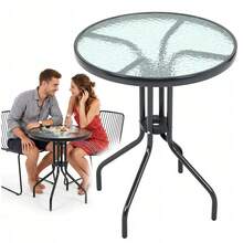 Round Outdoor Garden Table 60cm Glass Top Patio Balcony Coffee Side Table Metal Frame Bistro Dining Table For Garden Terrace Backyard Porch Café Outdoor Furniture Easy Assembly Weather Resistant - White - View 1