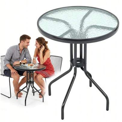 Okrągły stół ogrodowy 60 cm, szklany blat, balkon, stolik kawowy, metalowa rama, stół jadalny bistro, do ogrodu, na taras, werandę, kawiarnię, meble ogrodowe, łatwy montaż, odporny na warunki atmosferyczne