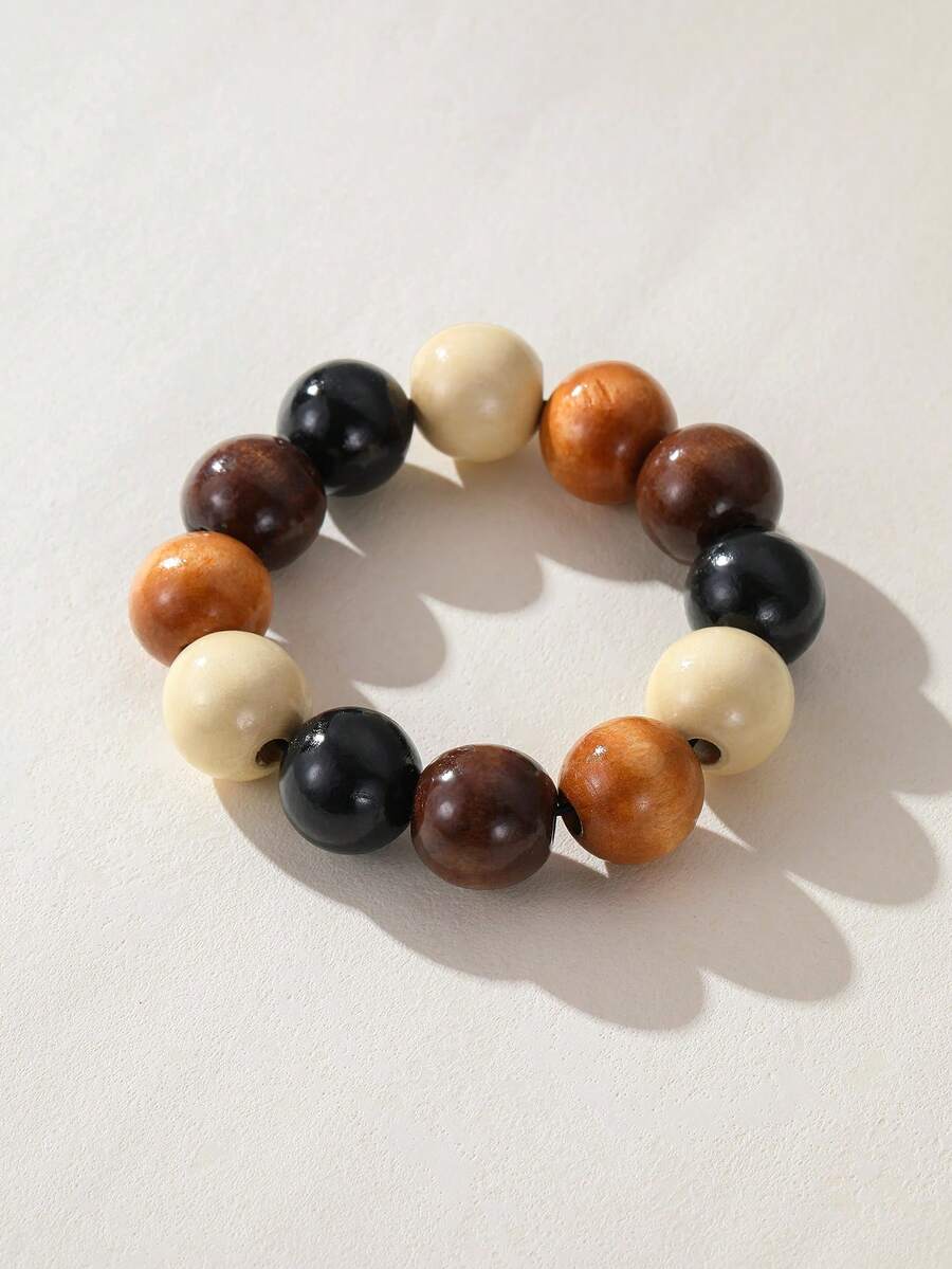 Nocturel 2.0cm Vintage Wood Bead Single Layer Elastic Bracelet For Women - Coffee Brown - View 1