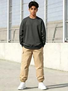 Teenager Spring/Autumn 2-Piece Set, American Street Style Large Letter Print Back Crew Neck Sweatshirt Paired With Khaki Cargo Jogger Pants, Student Daily Street Casual Outfit - Khaki - View 4