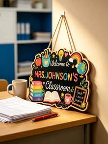 Customized Name Teacher Classroom Wooden Sign, Colorful Apple Rainbow Welcome Door Hanging Decor, Kindergarten/Elementary School Classroom Decoration, Teacher Appreciation Gift, Back To School Season, School Supplies, Personalized Gift, Teacher's Day Gift, Middle School Students - Multicolor - View 6