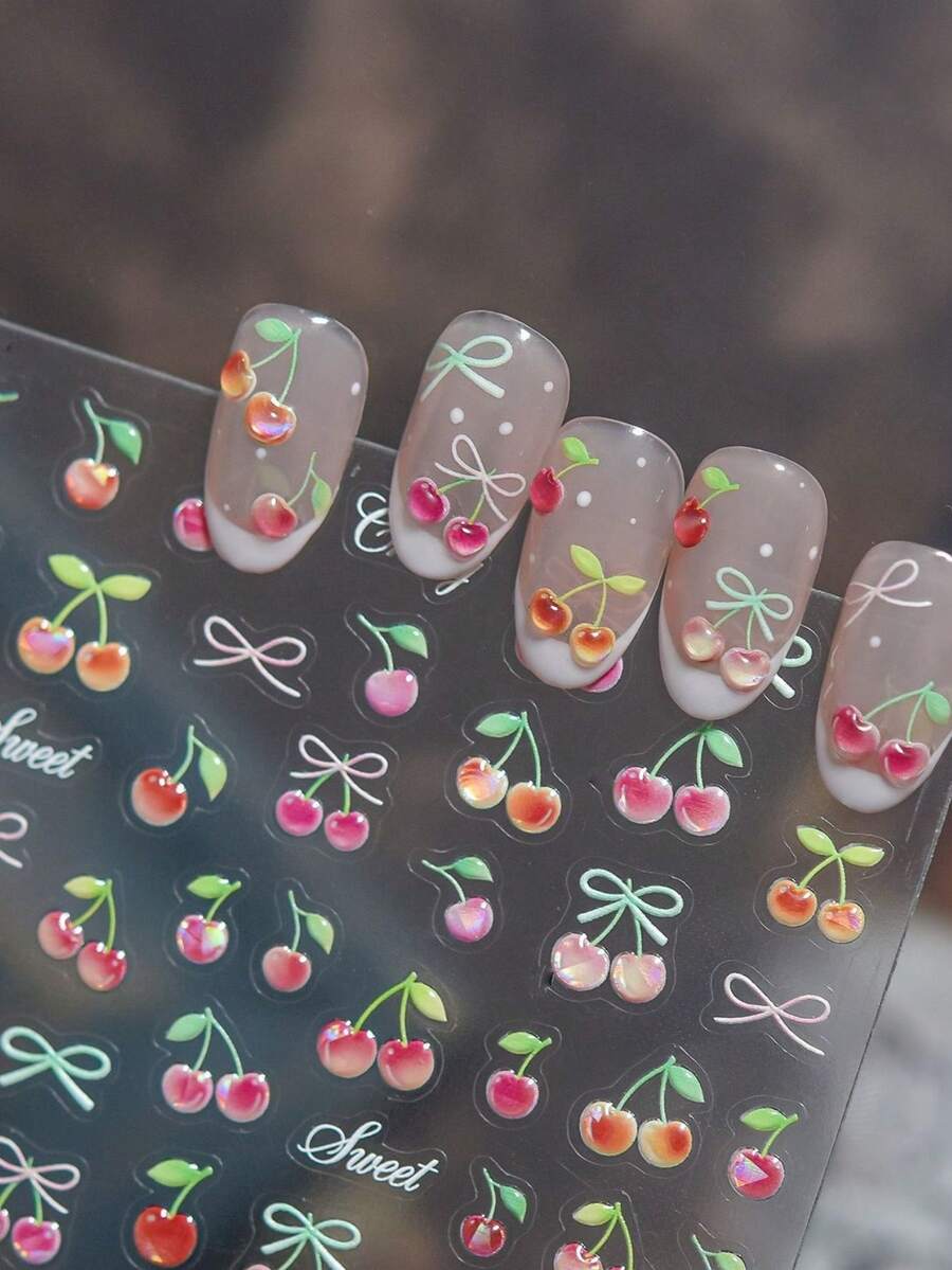 1片 3D果凍美甲貼紙 Ins新款小清新夏季美甲貼 玻璃水果櫻桃美甲裝飾 自黏式美甲配件 - 彩色 - 查看 1