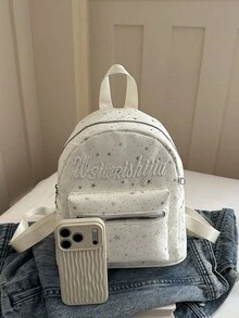 時尚星星與字母圖案經典復古風女款後背包、手提包、小包，百搭休閒拉鍊包 - 米色 - 查看 7