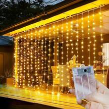 Luces de cortina LED alimentadas por batería AA, 8 modos de iluminación, luces de hadas, adecuadas para habitación, jardín, patio, escenario, decoración de fondo de pared, iluminación de atmósfera romántica para bodas, Día de San Valentín, Halloween, Navidad, luces decorativas colgantes - Lámpara de cortina con caja de pilas AA - Ver 17