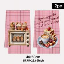 2PCS Kitchen Towels Pink Plaid Striped Coffee Healing Theme Pattern Print 40*60cm Rectangular Microfiber Kitchen Towels, Dish Cloths, Tablecloths, Hand Towels, Kitchen Decor, Home Decor, Housewarming Gift For Neighbors, Perfect For Kitchen And Bathroom Use, Suitable For Housewives And Family Gatherings, High Cost-Performance, Home Essential - Baby Pink - View 2