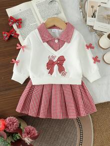 2pcs Baby/Toddler (Girl) Sweet Cool Academy Style Red & White Plaid Collared Bow Long Sleeve Sweatshirt & Skirt Set, Thin Spring/Autumn Back To School - Red and White - View 1