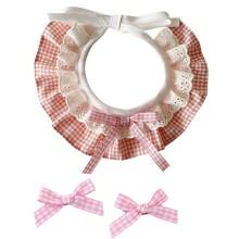 1 Set Plaid Ruffle Lace Adjustable Pet Bib With Matching Bow Accessory, Sweet Cute Pet Collar And Bow Hair Clip Set, Adjustable Tie Drool Bib, Suitable For Cats And Dogs Daily Wear, Party, Photography Outfit Pet Clothing Accessories - Multicolor - View 9