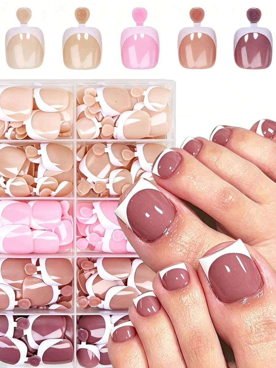 120pcs Short Square French Style Wearable Toe Nail Tips, Nude Pink Gradient Glossy Full Coverage Fake Toenails, Summer Daily Manicure Use