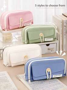 Minimalist Button Flap Pencil Case, Rectangular Multi-Layer Flap Design, Solid Color Minimalist Button Tie Strap With Small Label, Soft Macaron Color Palette In Pink, Green, White, Blue, Dual Zipper Multi-Layer Compartments, Button Tie Anti-Drop Stationery Storage, Pencil Box, Essential Classroom Supplies For Teachers - Multiple Styles - View 1