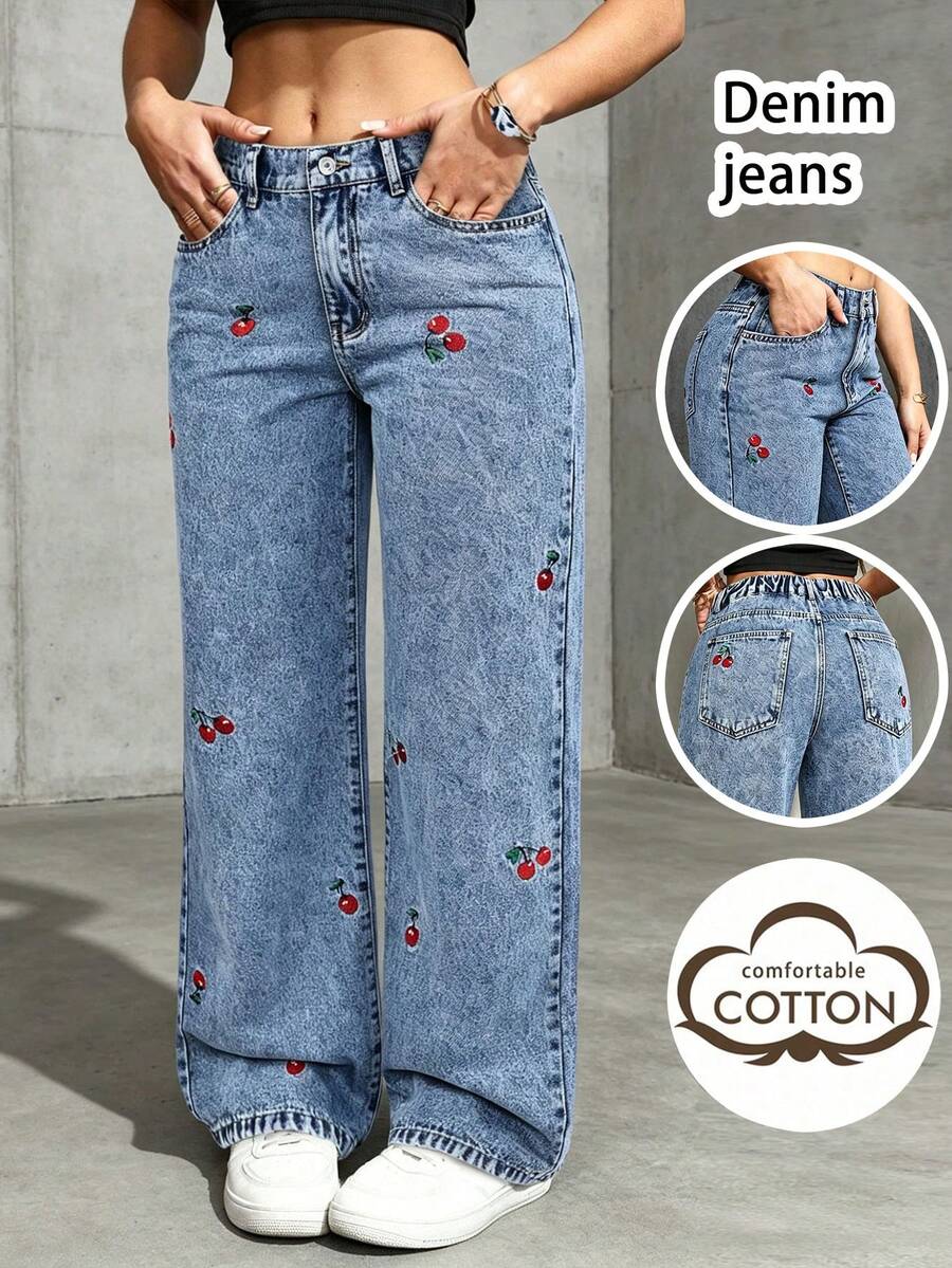 Elegant Cherry Embroidery Fashion Delicate Pocket Button Solid Color Pants, A Slightly Small Size Fall Casual