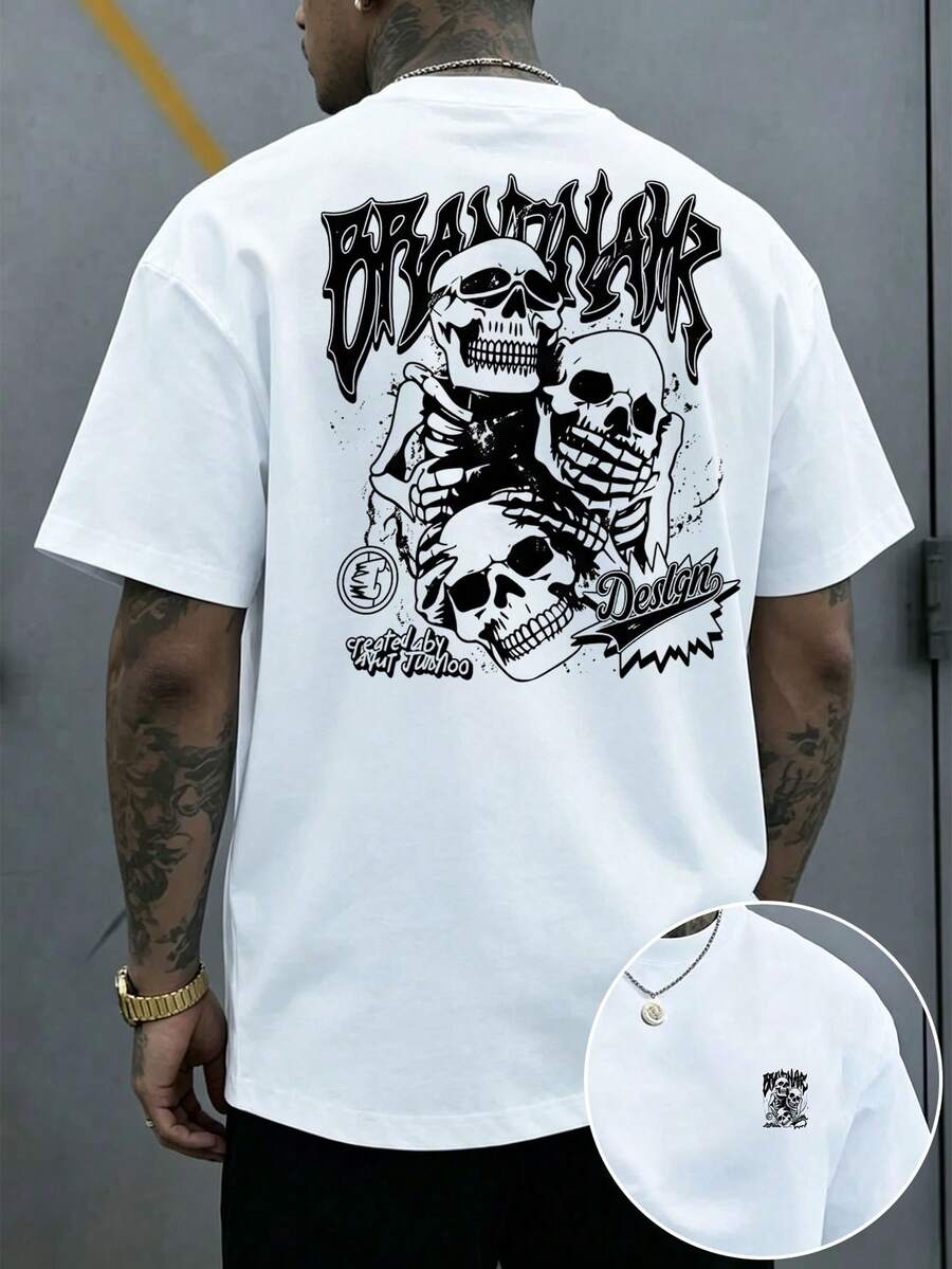 [Talla Grande para Hombres]Camiseta de Cuello Redondo con Estampado de Calavera Genial para Hombres de Talla Grande - Negro - Ver 1