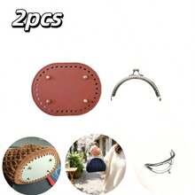 2pcs Set 8.5cm Half-Circle Silver Perforated Metal Frame + 14.5cm Oval PU Studded Bag Bottom, Handmade Crochet Coin Purse DIY Accessories, Knitting Craft Beginner Small Bag Supplies - Multicolor - View 11