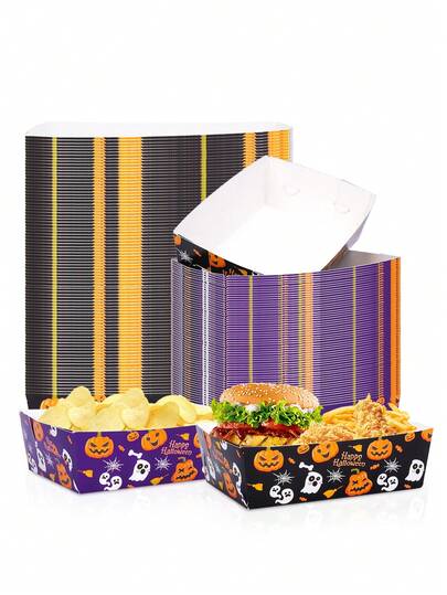 10/20/40/80pcs Halloween Paper Food Trays, Pumpkin Ghost Spider Print Snack Boat Boxes, 1.7x3.5x5.3 Inches, 2 Designs Purple & Black, Potato Chips Fries Burger Corn Chips Popcorn Containers, Halloween Decoration Party Supplies