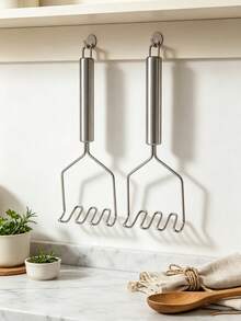 3pcs/1pc Stainless Steel Potato Masher, Manual Food Puree Tool, Sweet Potato Masher, Garlic Press, Manual Squeezer, Potato Masher, Kitchen Tool, Wavy Pattern, Kitchen Gadget, Used For Mashing Potatoes, Vegetables And Fruits, Durable Multi-Functional Squeezer, Kitchen Supplies, Cutter, Food, Salad, Decoration, Storage, Party, Birthday, Christmas, Halloween - Silver - View 6