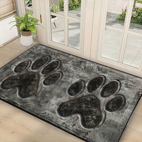 1pc Grey 3D Embossed Black Large Dog Paw Print Minimalist Entryway Mat, Soft Flannel Rectangular Rug, Non-Slip Polyester Fiber Bottom, Dirt-Resistant, Dust-Proof, Water-Absorbent, Quick-Drying, Machine Washable Decorative Carpet, Suitable For Bathroom, Entryway, Kitchen, Living Room, Bedroom, Indoor All-Season Use