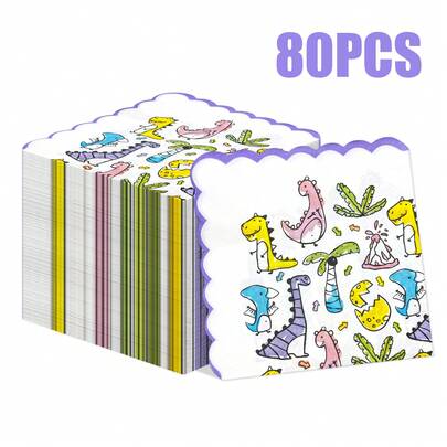 80/40/20 Lembar Serbet Sekali Pakai Motif Hewan Kartun Ukuran 13 * 13 Inci dengan Dekorasi Tepi Ungu Bergelombang, Digunakan untuk Dekorasi Perjamuan, Pesta Ulang Tahun, Perjamuan Pernikahan, Pesta Bertema Hutan, Piknik, Pesta Teh, Pertemuan Keluarga, dll.