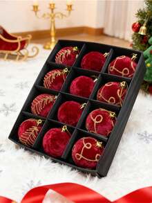 12pcs Burgundy Flocked Christmas Balls, Flocked Christmas Tree Hanging Ornaments, Suitable For Decorating Christmas Tree And Various Holiday Arrangements, Christmas Decorative Balls - Multicolor - View 10