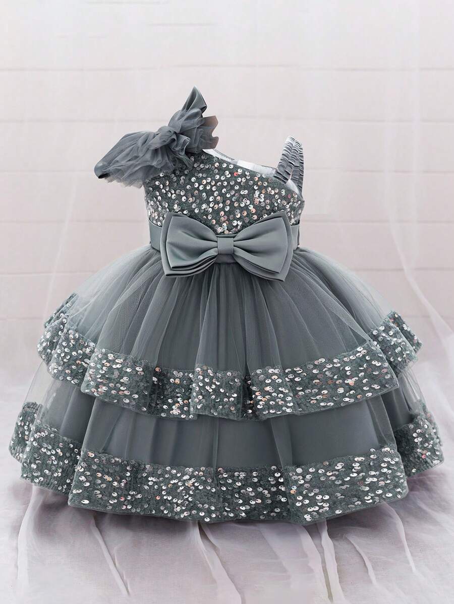 Baby Girls Asymmetrical Neckline Bow Sequin Tulle Cute Party Dress Suitable For Flower Girl Wedding, Headband Not Included - Grey - View 1