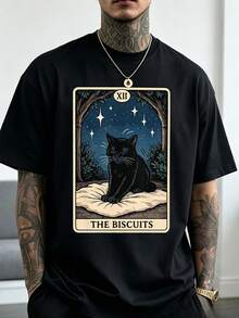 Vintage Cookie Cat Tarotkarten-T-Shirt. Vintage-Tarot-Bekleidung mit einem ikonischen Katzenmuster. - Schwarz - Übersicht 1