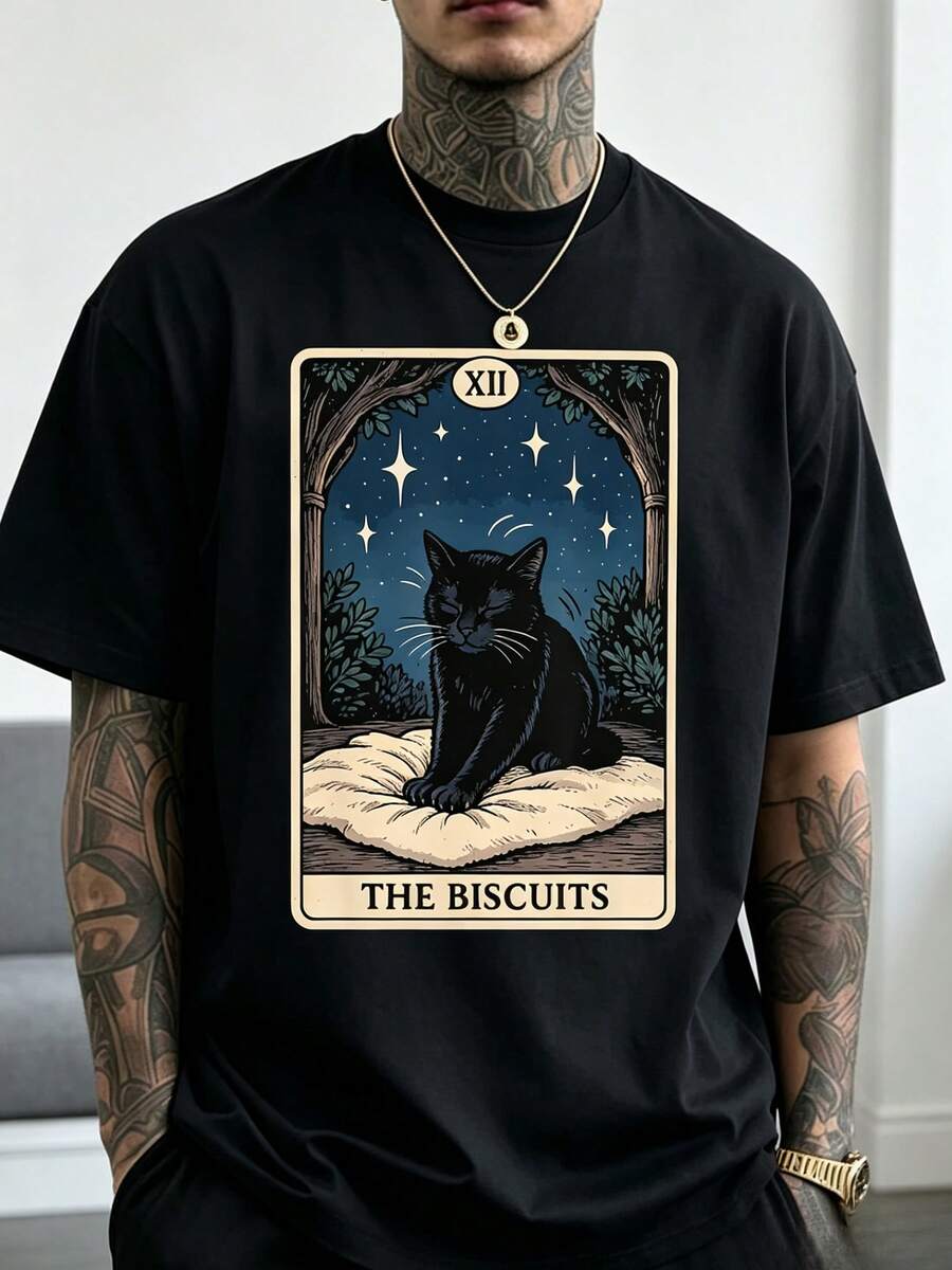 Vintage Cookie Cat Tarotkarten-T-Shirt. Vintage-Tarot-Bekleidung mit einem ikonischen Katzenmuster. - Schwarz - Übersicht 1