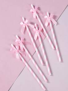 Pink Striped Satin Bow Paper Straws, Disposable Decorative Drinking Straws For Bridal Shower Birthday Wedding Party Table Supplies - Striped Bow Style - View 3