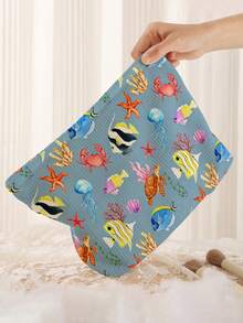 1pc Portable Cosmetic Storage Bag Turtle Shell Ocean Element Pattern Double-Sided Print Travel Zipper Makeup Bag Multi-Function Toiletries Organizer - Multicolor - View 5