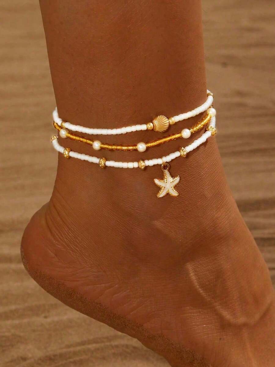 3pcs Summer Bohemian Style Women's Simple White Beaded, Faux Pearl Beaded Anklet Set, Gold Starfish & Shell Decor, Suitable For Daily Wear, Beach, Travel, Gift - Multicolor - View 1